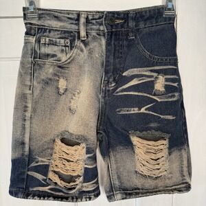 Boy's Fashion Jean Shorts Size 8 Blue Tan Ripped Distressed Cotton Blend Stylish